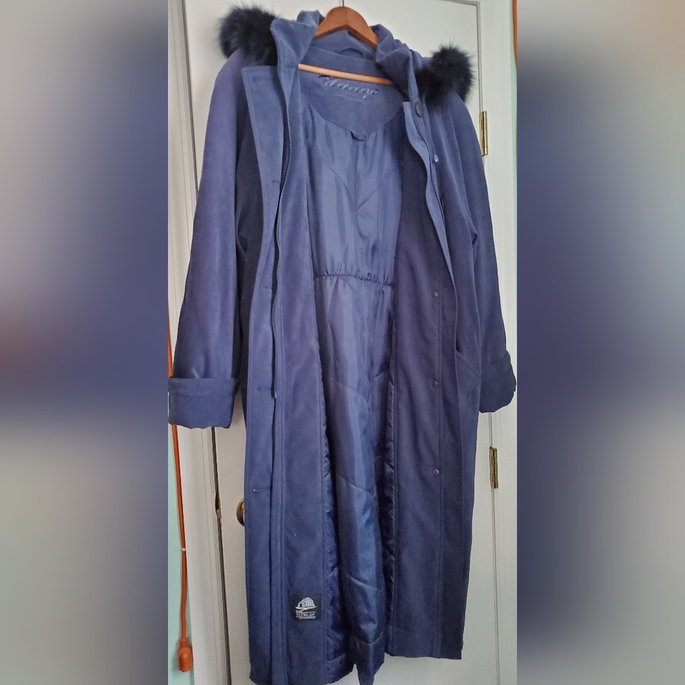 Nuage Women's Blue Long Hooded Coat with Fox Fur Trim - Picture 3 of 9